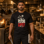 Psycho Chef tee worn by a chef in a restaurant kitchen