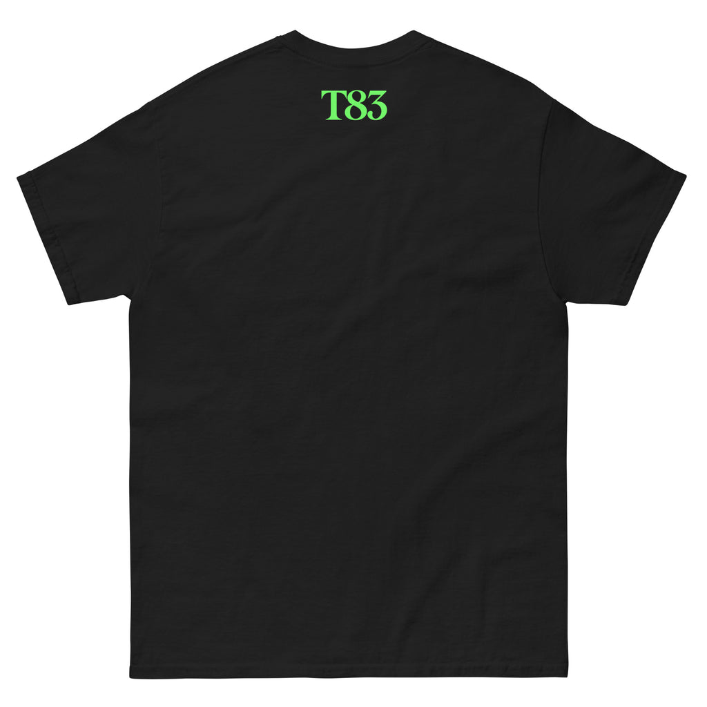 The One Chef tee, black, back: green T83 logo below the collar