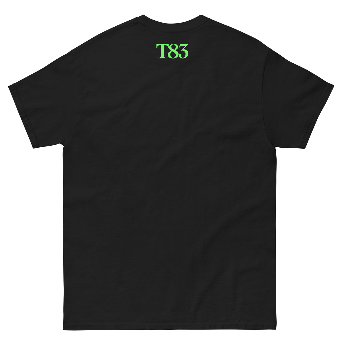The One Sommelier (Him) tee, black, back: green T83 logo below the collar