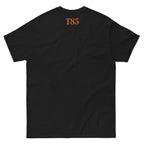 Dead on My Feet Barista tee, black, back: orange T83 logo below the collar