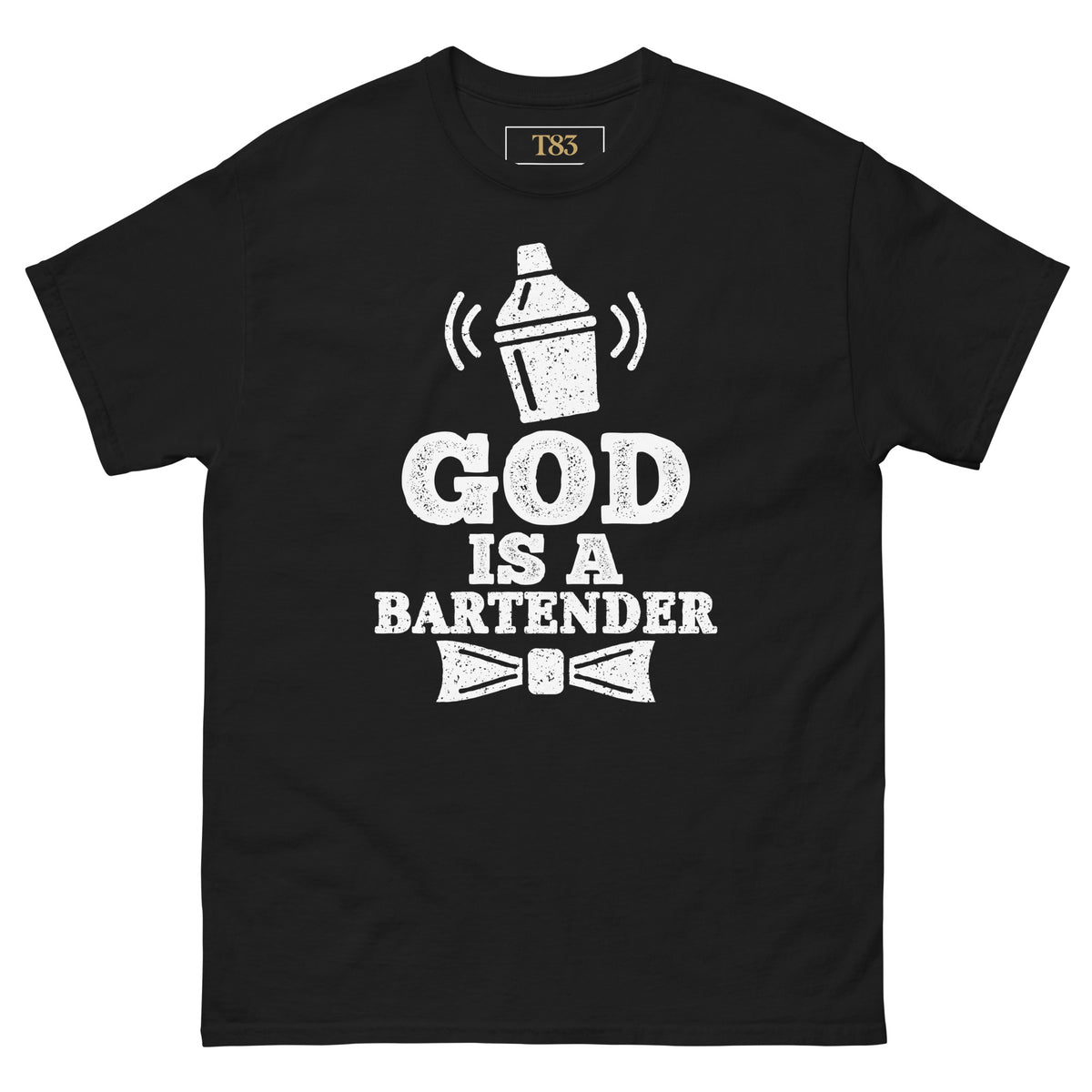 God is a Bartender tee, black, front: GOD IS A BARTENDER lettering with a cocktail shaker and bow tie