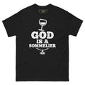 God is a Sommelier tee, black, front: GOD IS A SOMMELIER lettering with a wine glass and tastevin