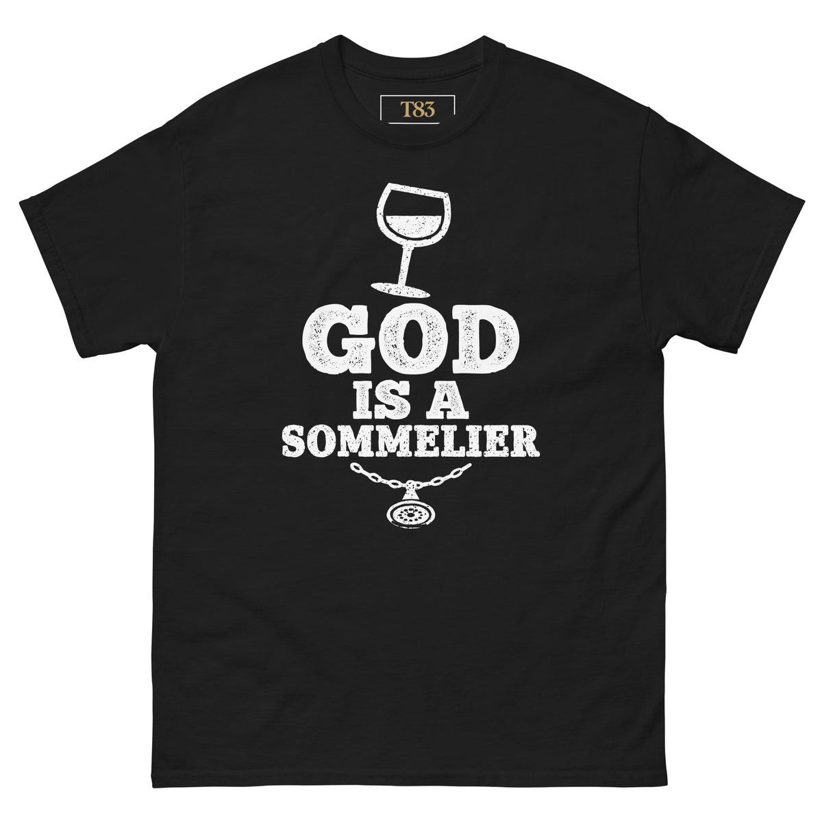 God is a Sommelier tee, black, front: GOD IS A SOMMELIER lettering with a wine glass and tastevin
