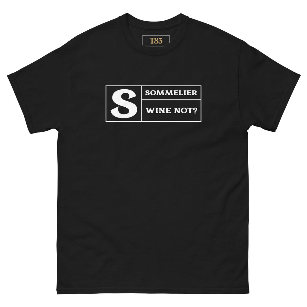 Wine Not? Sommelier tee, black, front: rated S for Sommelier, Wine Not? lettering