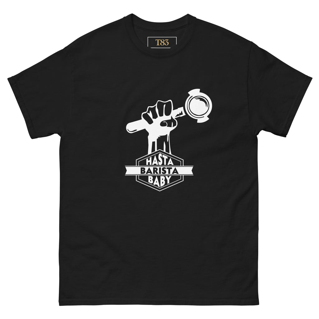 Hasta Barista, Baby tee, black, front: raised fist holding a portafilter with HASTA BARISTA BABY lettering