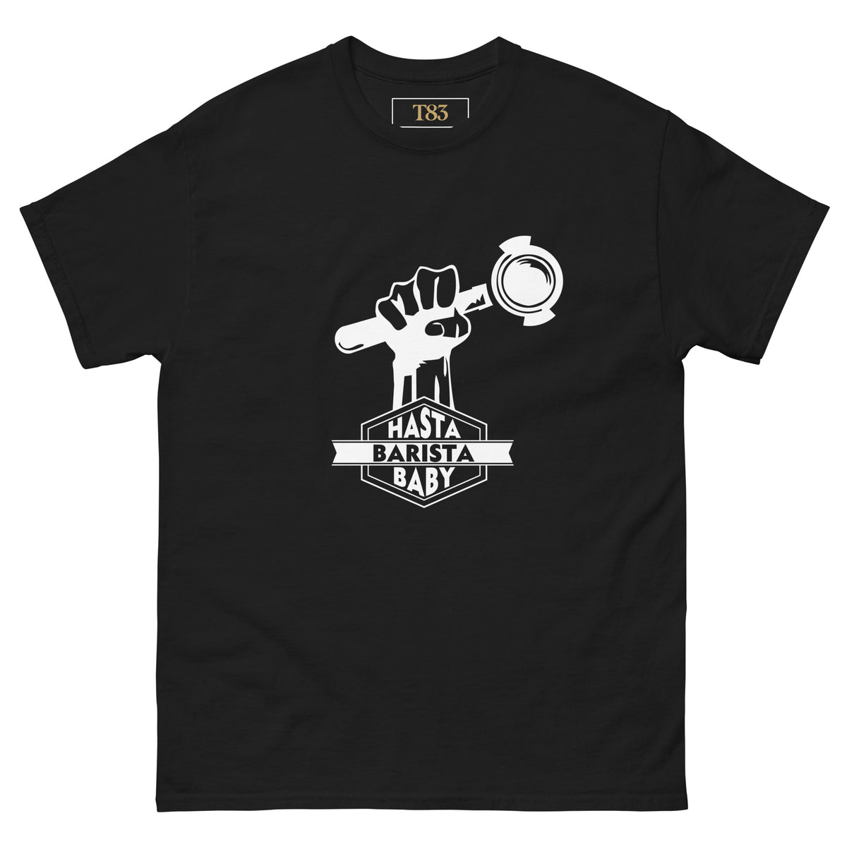 Hasta Barista, Baby tee, black, front: raised fist holding a portafilter with HASTA BARISTA BABY lettering