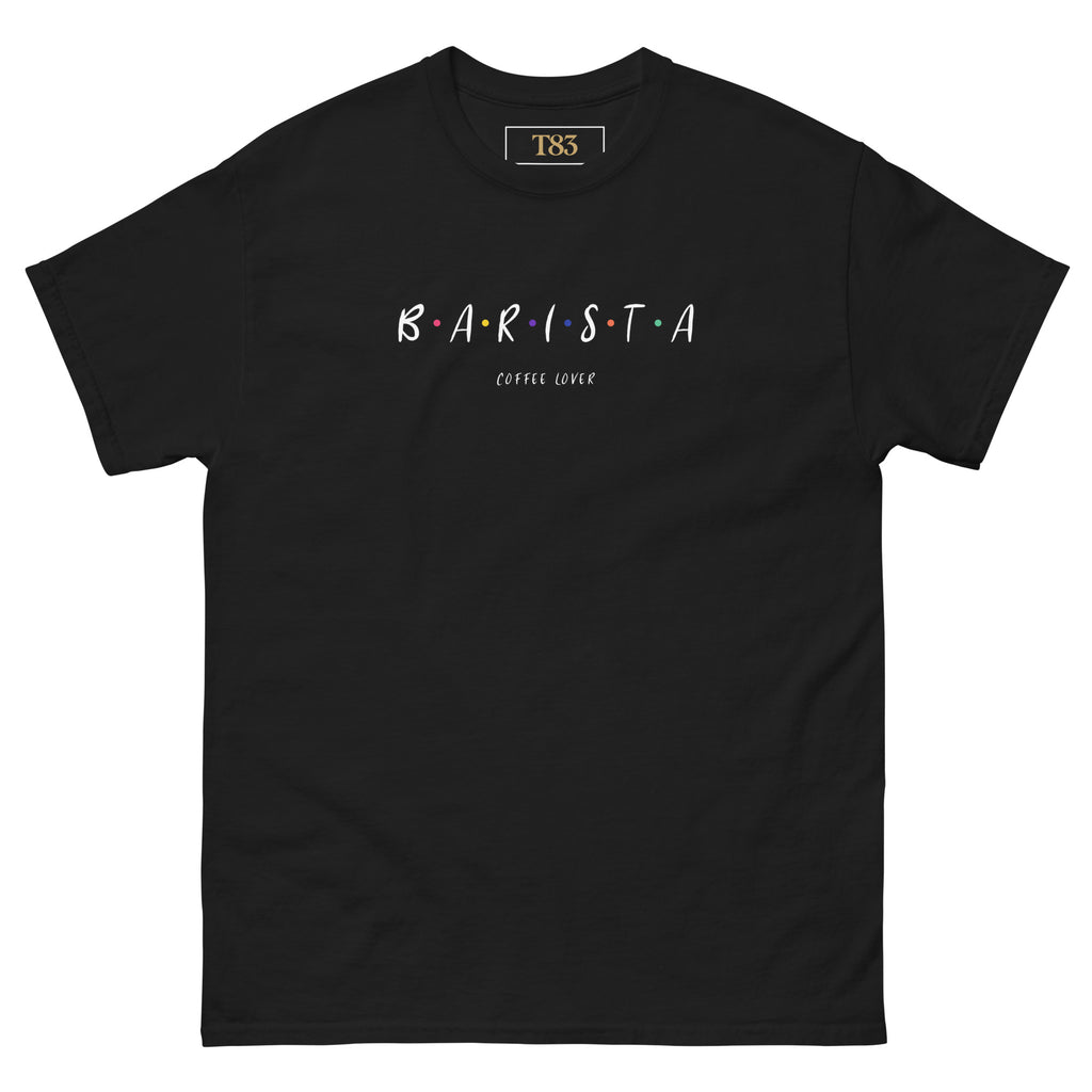 Barista Coffee Lover tee, black, front: dotted B-A-R-I-S-T-A lettering