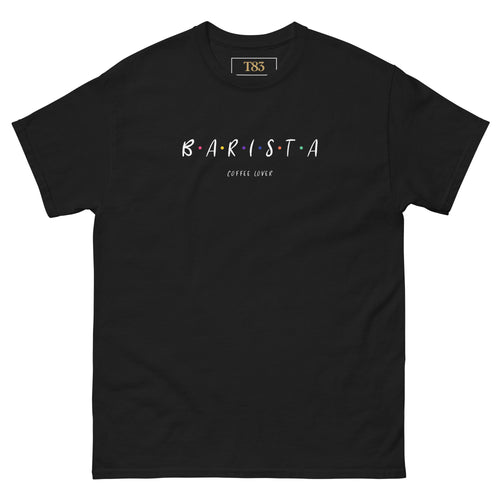 Barista Coffee Lover tee, black, front: dotted B-A-R-I-S-T-A lettering