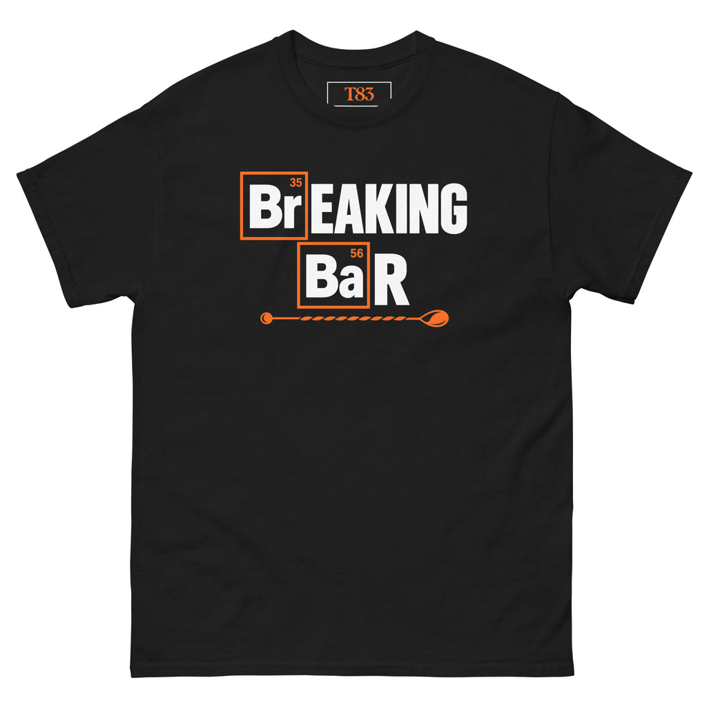 Breaking Bar tee, black, front: periodic-table lettering with an orange bar spoon