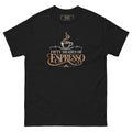 Fifty Shades of Espresso tee, black, front: steaming cup over cream and coffee-brown lettering