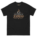 Fifty Shades of Espresso tee, black, front: steaming cup over cream and coffee-brown lettering