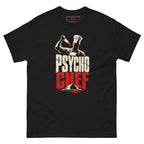 Psycho Chef tee, black, front: chef silhouette with a bloody knife over cream PSYCHO and red CHEF lettering
