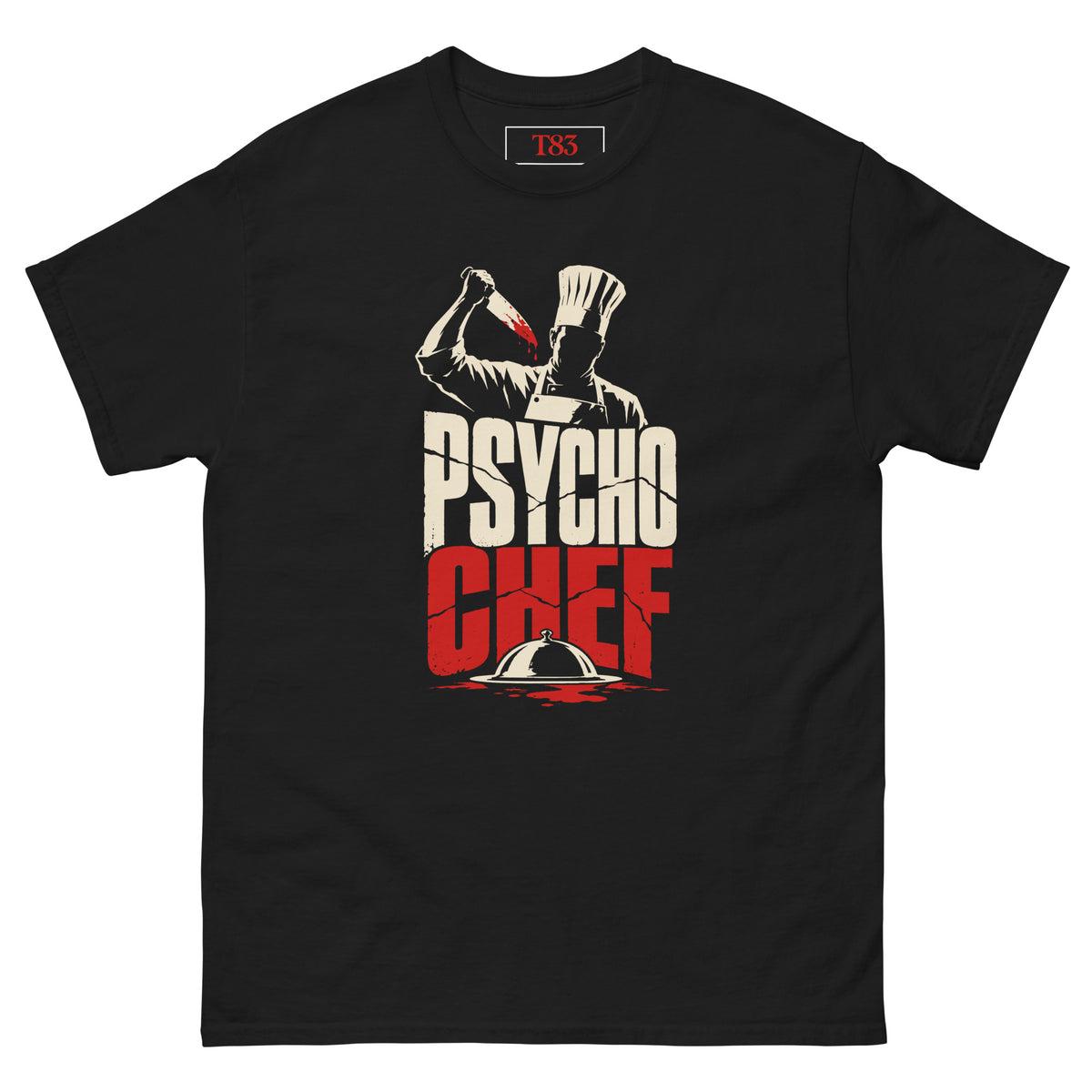 Psycho Chef tee, black, front: chef silhouette with a bloody knife over cream PSYCHO and red CHEF lettering
