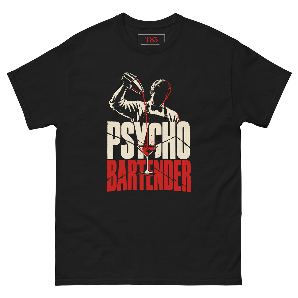 Psycho Bartender tee, black, front: bartender silhouette pouring a red cocktail into a martini glass over cracked cream PSYCHO and red BARTENDER lettering