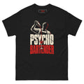 Psycho Bartender tee, black, front: bartender silhouette pouring a red cocktail into a martini glass over cracked cream PSYCHO and red BARTENDER lettering