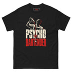 Psycho Bartender tee, black, front: bartender silhouette pouring a red cocktail into a martini glass over cracked cream PSYCHO and red BARTENDER lettering