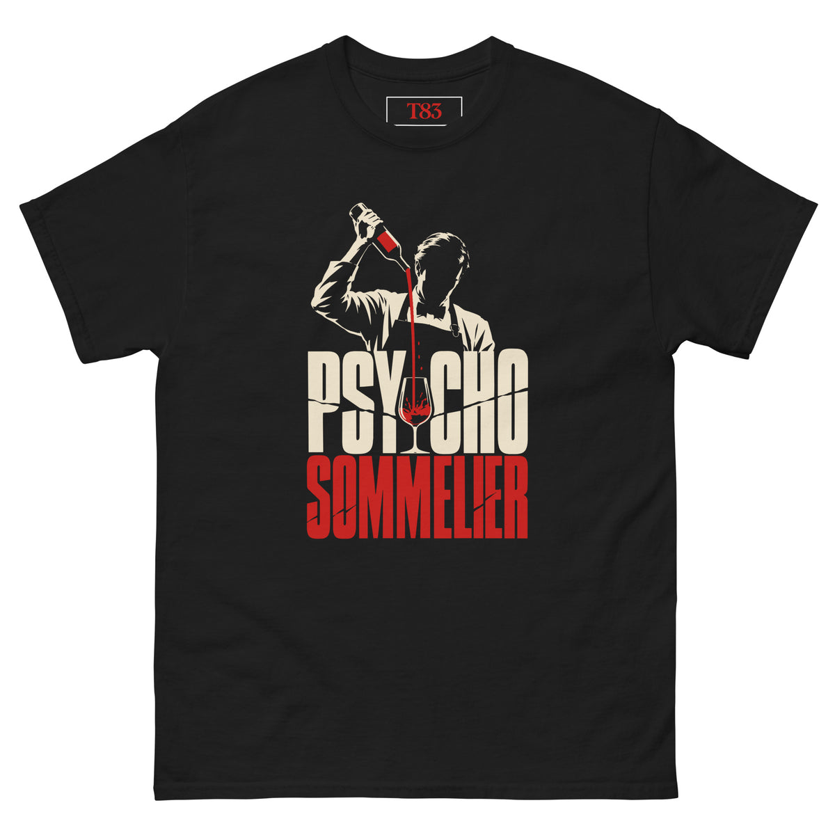 Psycho Sommelier tee, black, front: sommelier silhouette pouring red wine into a glass over cracked cream PSYCHO and red SOMMELIER lettering