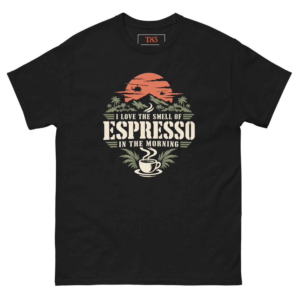 I Love the Smell of Espresso tee, black, front: vintage badge with orange sunrise, jungle ridge and steaming cup under cream stencil lettering