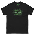 The One tee, black, front: bartender pouring a martini, drawn in falling green digital code, with glowing THE ONE lettering