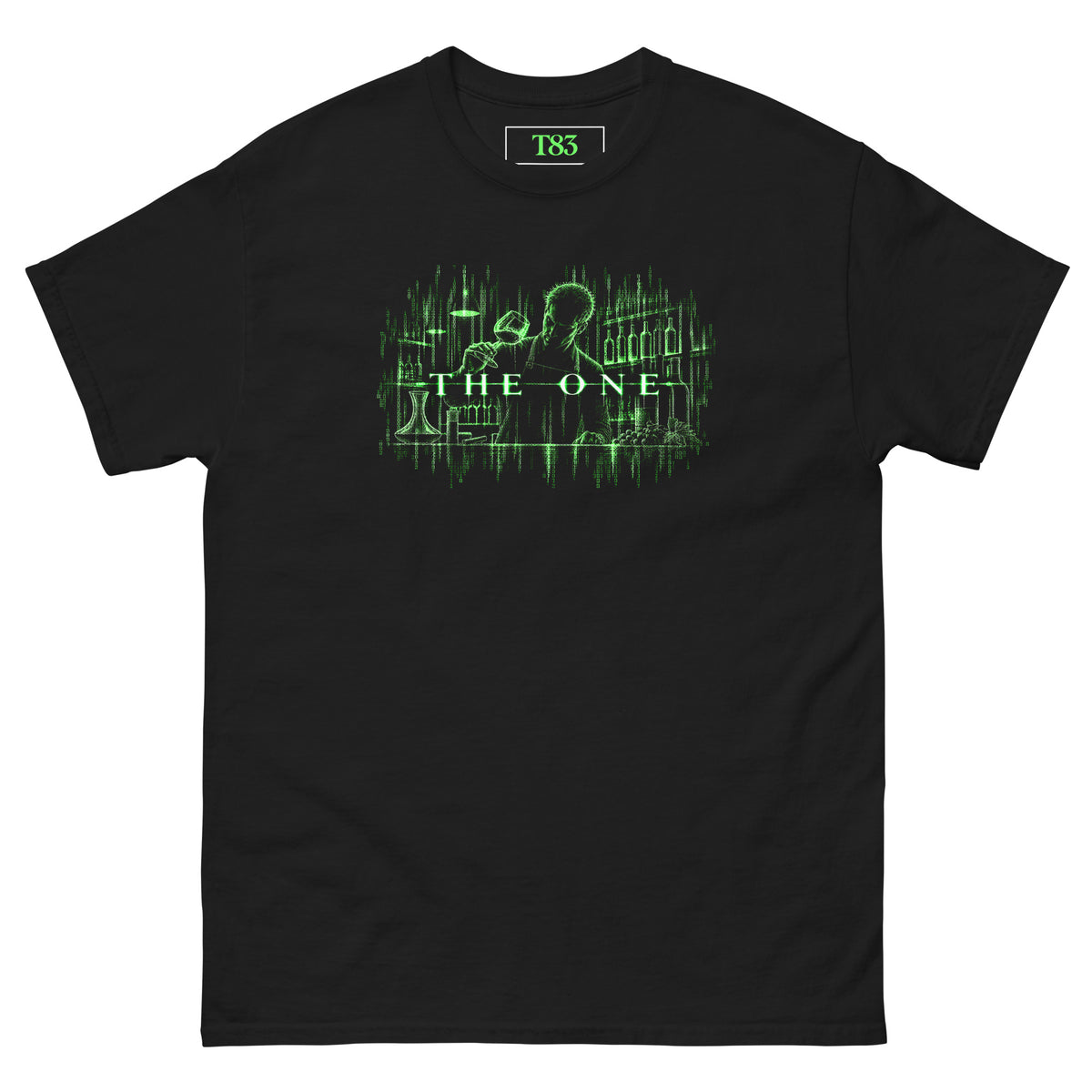 The One Sommelier (Him) tee, black, front: male sommelier swirling a glass of wine, drawn in falling green digital code, with glowing THE ONE lettering