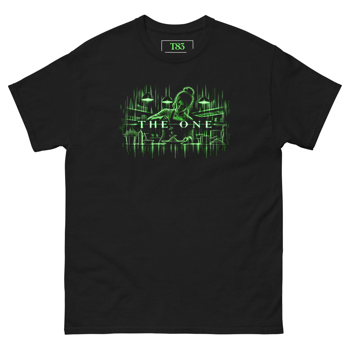The One Chef (Her) tee, black, front: female chef garnishing a plate, drawn in falling green digital code, with glowing THE ONE lettering