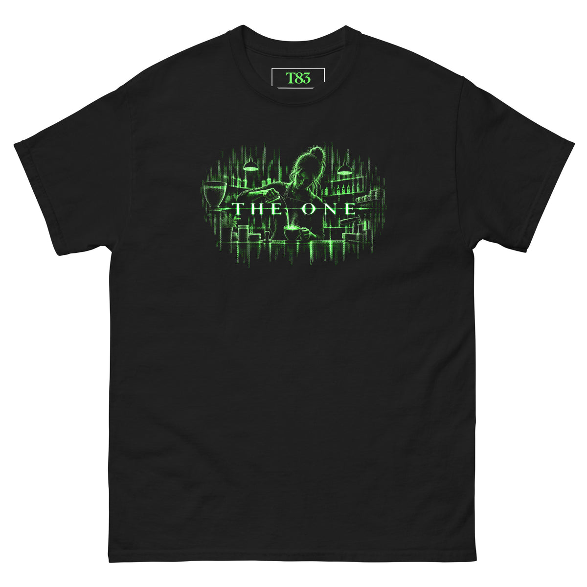 The One Barista (Her) tee, black, front: female barista pouring latte art, drawn in falling green digital code, with glowing THE ONE lettering