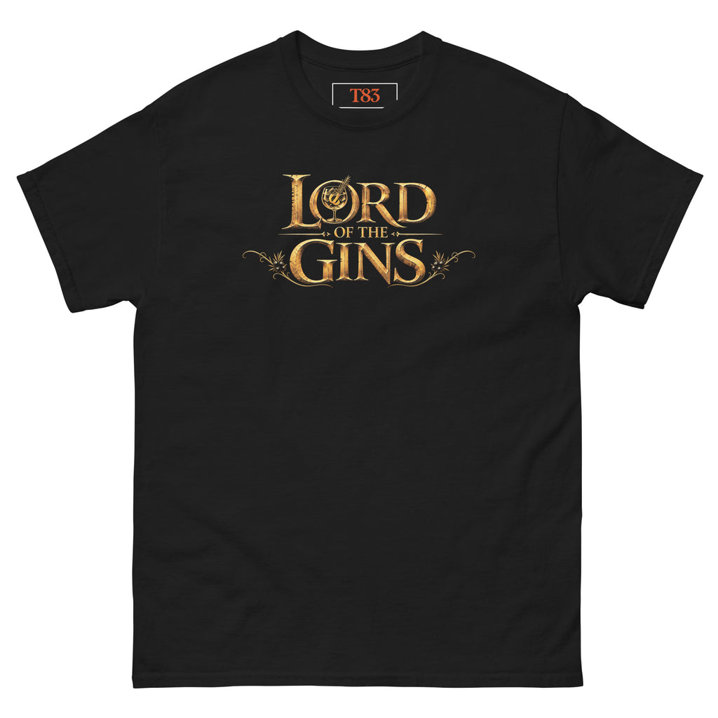Lord of the Gins tee, black, front: gold engraved LORD OF THE GINS lettering with a gin and tonic glass in the O and juniper branches