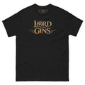 Lord of the Gins tee, black, front: gold engraved LORD OF THE GINS lettering with a gin and tonic glass in the O and juniper branches