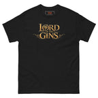 Lord of the Gins tee, black, front: gold engraved LORD OF THE GINS lettering with a gin and tonic glass in the O and juniper branches
