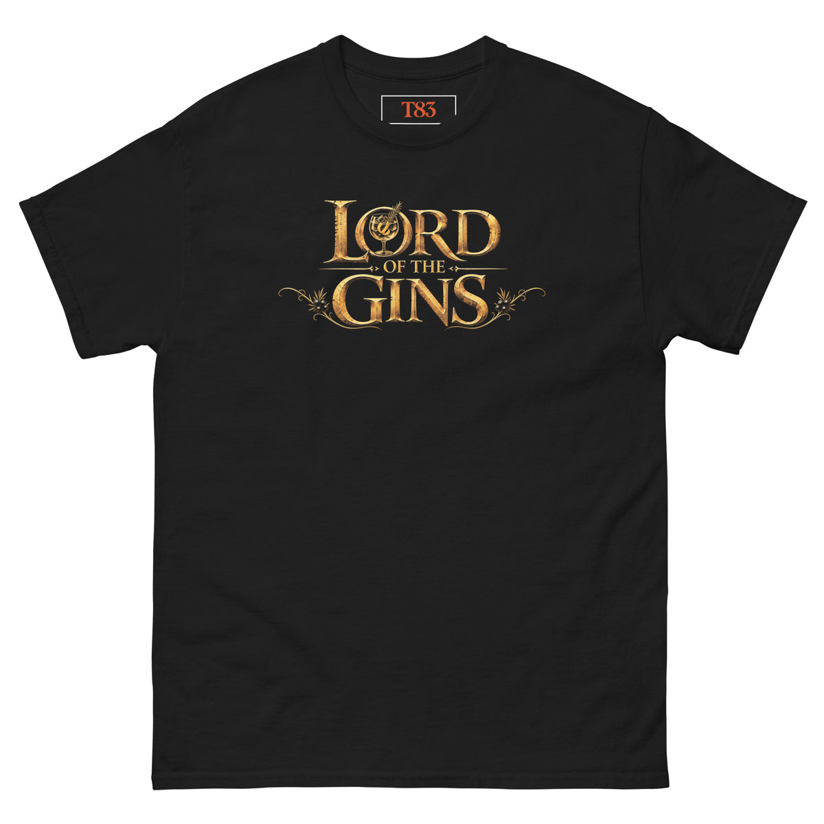 Lord of the Gins tee, black, front: gold engraved LORD OF THE GINS lettering with a gin and tonic glass in the O and juniper branches