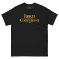 Lord of the Coffee Beans tee, black, front: gold engraved LORD OF THE COFFEE BEANS lettering with a coffee bean in the O and a flourish of beans underneath
