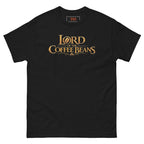 Lord of the Coffee Beans tee, black, front: gold engraved LORD OF THE COFFEE BEANS lettering with a coffee bean in the O and a flourish of beans underneath