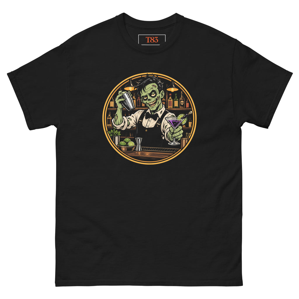 Dead on My Feet tee, black, front: illustration of a grinning zombie bartender in a bow tie and apron shaking a cocktail and serving a purple martini, framed by an orange circle with a back bar of bottles