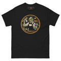 Dead on My Feet tee, black, front: illustration of a grinning zombie bartender in a bow tie and apron shaking a cocktail and serving a purple martini, framed by an orange circle with a back bar of bottles