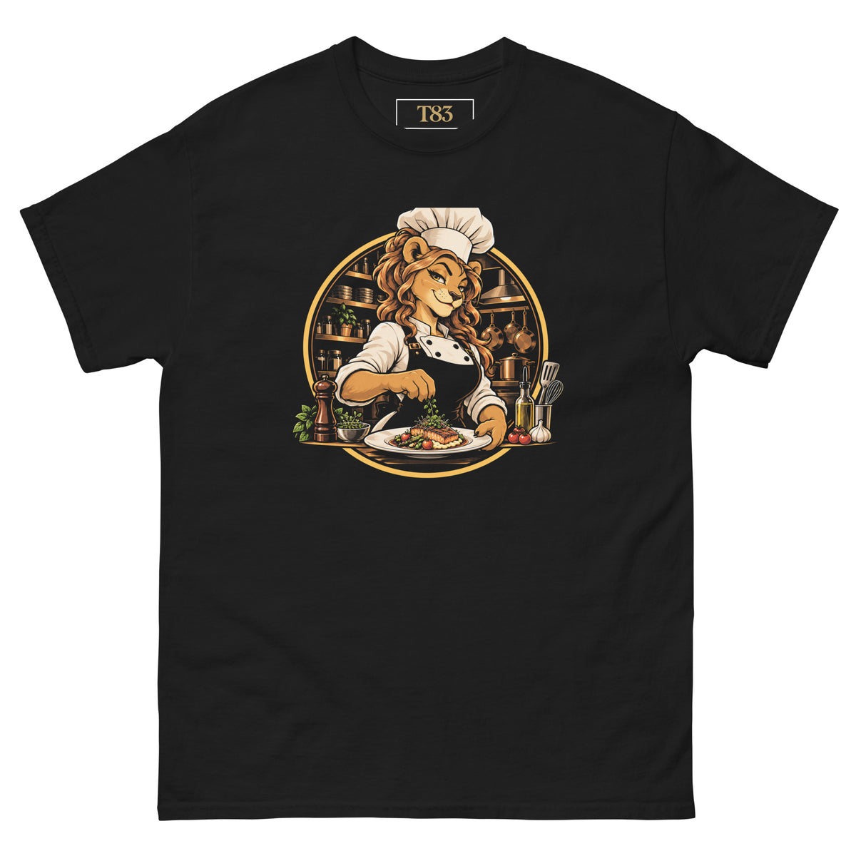 Queen of the Kitchen tee, black, front: illustration of a lioness chef in a toque garnishing a plated salmon, framed by a gold circle with copper pans and kitchen shelves