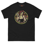 Dead on My Feet (Her) tee, black, front: illustration of a zombie bartender in a red bandana shaking a cocktail and serving a red martini, framed by a lime-green circle with a back bar of bottles