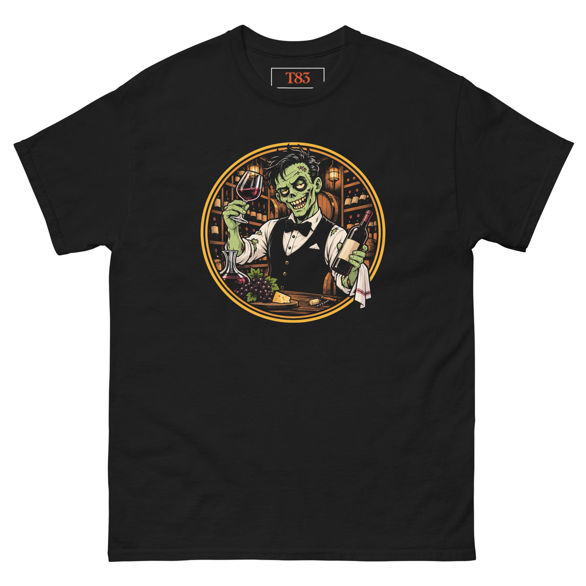 Dead on My Feet Sommelier tee, black, front: illustration of a grinning zombie sommelier in a waistcoat and bow tie raising a glass of red wine and presenting a bottle, framed by an orange circle with a wine cellar behind