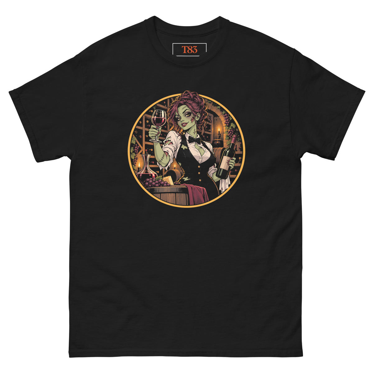 Dead on My Feet Sommelier (Her) tee, black, front: illustration of a zombie sommelier with burgundy hair in a waistcoat and bow tie raising a glass of red wine and holding a bottle, framed by an orange circle with a candle-lit wine cellar