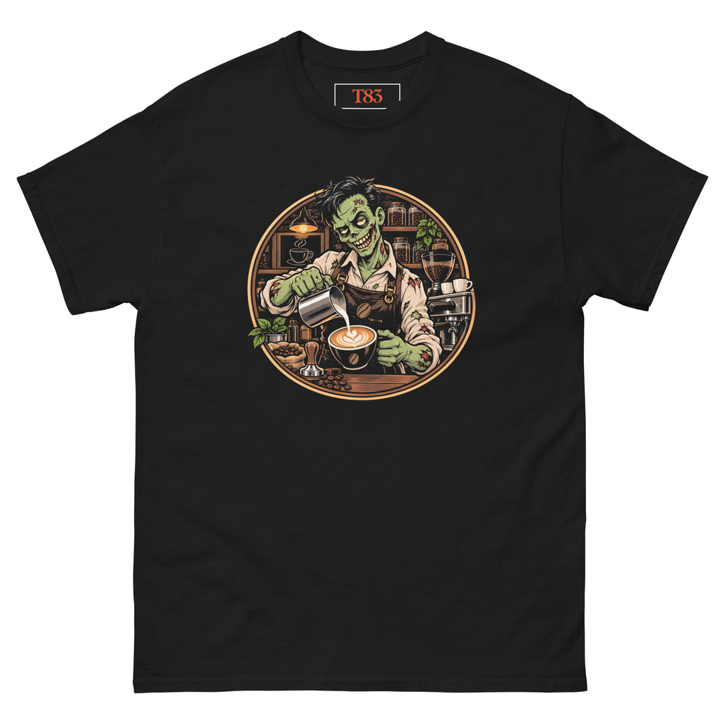 Dead on My Feet Barista tee, black, front: illustration of a grinning zombie barista in a leather apron pouring latte art, framed by a copper circle with an espresso machine, grinder and jars of coffee beans