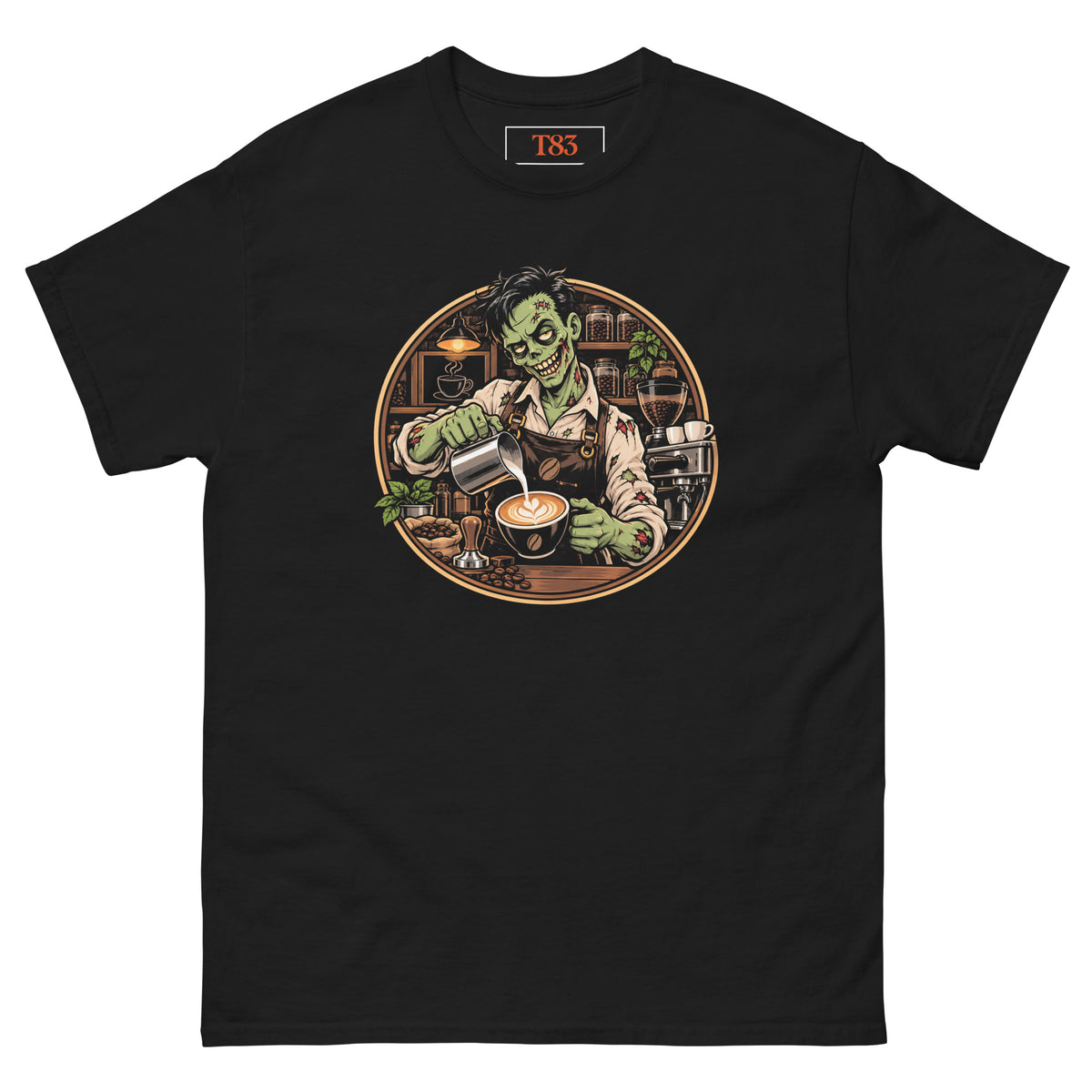 Dead on My Feet Barista tee, black, front: illustration of a grinning zombie barista in a leather apron pouring latte art, framed by a copper circle with an espresso machine, grinder and jars of coffee beans