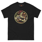 Dead on My Feet Barista (Her) tee, black, front: illustration of a zombie barista in a red bandana pouring latte art, framed by a green and cream circle with a café counter, grinder and jars of coffee beans