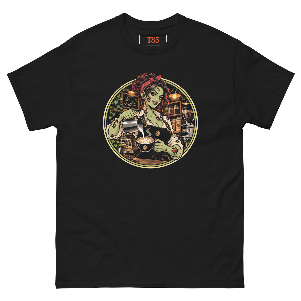 Dead on My Feet Barista (Her) tee, black, front: illustration of a zombie barista in a red bandana pouring latte art, framed by a green and cream circle with a café counter, grinder and jars of coffee beans