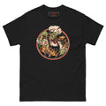 Dead on My Feet Chef tee, black, front: illustration of a grinning zombie chef in a toque and red neckerchief seasoning a flaming pan with steak and tomatoes, framed by a red and cream circle with a kitchen behind