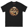 Dead on My Feet Chef (Her) tee, black, front: illustration of a zombie chef in a toque and red neckerchief seasoning a flaming pan of prawns, framed by a red and cream circle with a kitchen behind