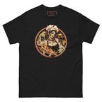 Dead on My Feet Chef (Her) tee, black, front: illustration of a zombie chef in a toque and red neckerchief seasoning a flaming pan of prawns, framed by a red and cream circle with a kitchen behind