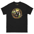 Shaken, Not Croaked tee, black, front: illustration of a frog bartender in a black waistcoat and bow tie pouring an espresso martini from a shaker, back-bar bottles framed by a gold circle