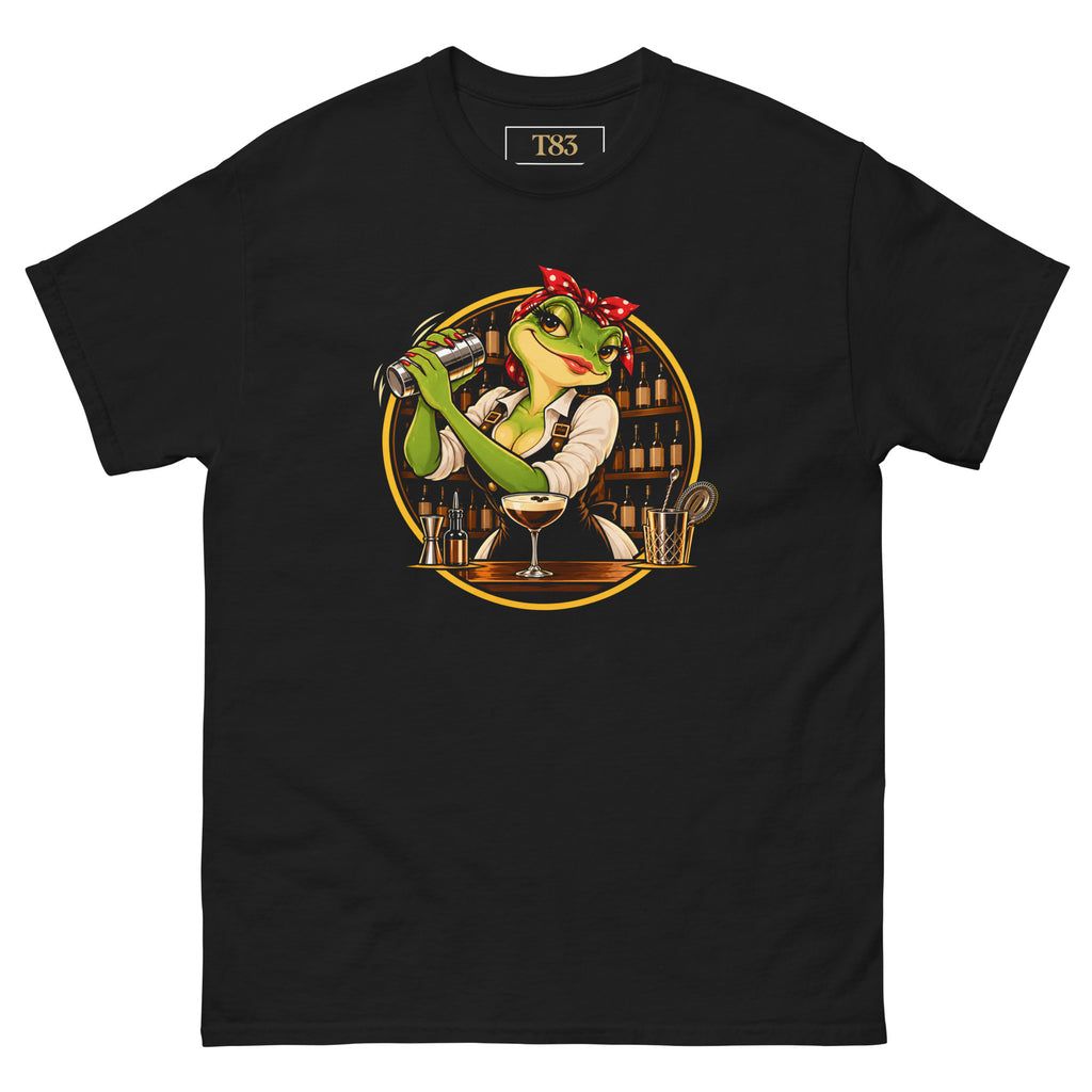 Shaken, Not Croaked (Her) tee, black, front: illustration of a frog bartender in a red polka-dot bandana shaking a cocktail shaker over an espresso martini, back-bar bottles framed by a gold circle