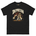 Depresso tee, black, front: DEPRESSO in distressed cream lettering over an engraved-style illustration of a man in sunglasses slumped at a café table with an espresso