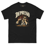 Depresso tee, black, front: DEPRESSO in distressed cream lettering over an engraved-style illustration of a man in sunglasses slumped at a café table with an espresso