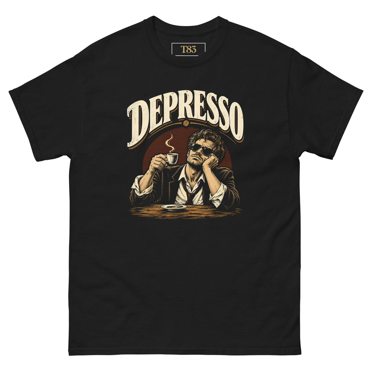 Depresso tee, black, front: DEPRESSO in distressed cream lettering over an engraved-style illustration of a man in sunglasses slumped at a café table with an espresso